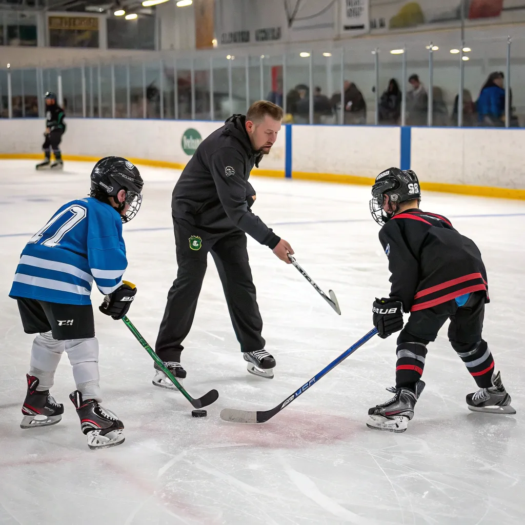 A coach demonstrating techniques to young hockey players on the ice